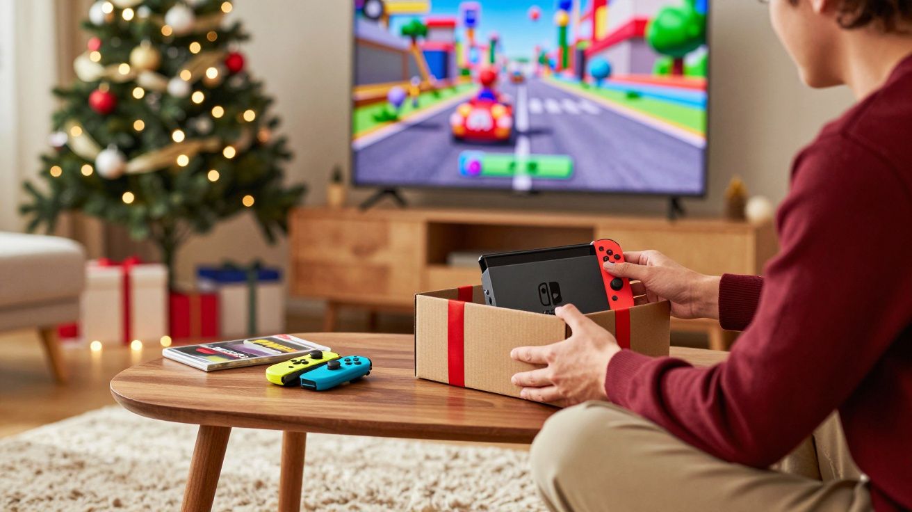 Pessoa desembrulhando console de videogame Nintendo Switch próximo a árvore de Natal decorada.