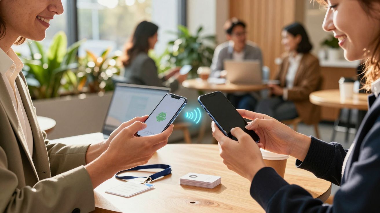 Duas pessoas trocando dados entre smartphones em uma mesa de café com outras pessoas ao fundo.