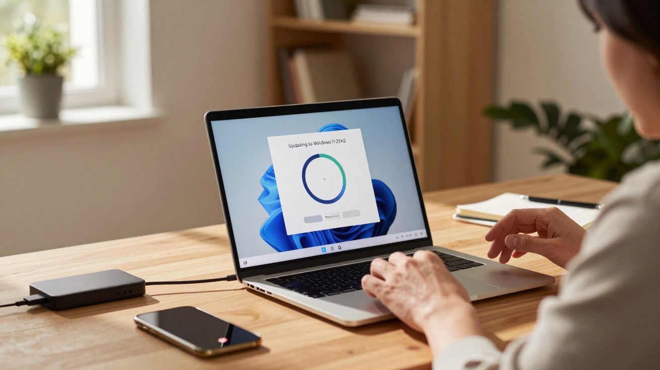 Pessoa usando notebook que mostra atualização do Windows 11 em uma mesa com celular e HD externo.