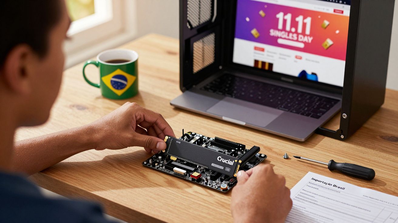 Pessoa instalando memória RAM em placa-mãe com notebook mostrando promoção 11.11 e caneca com bandeira do Brasil.