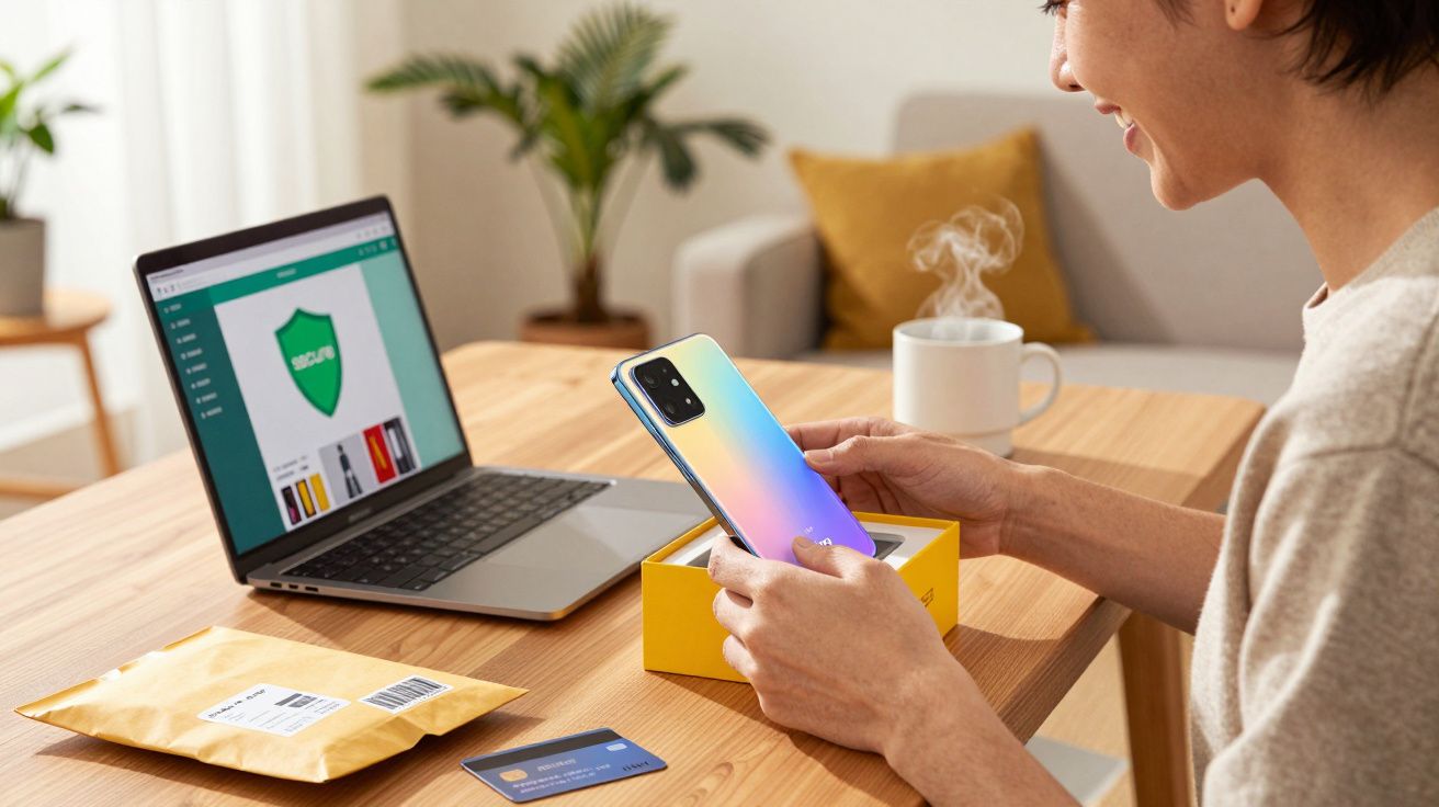 Pessoa segura celular novo sobre caixa amarela em mesa com laptop aberto, pacote e cartão de crédito.