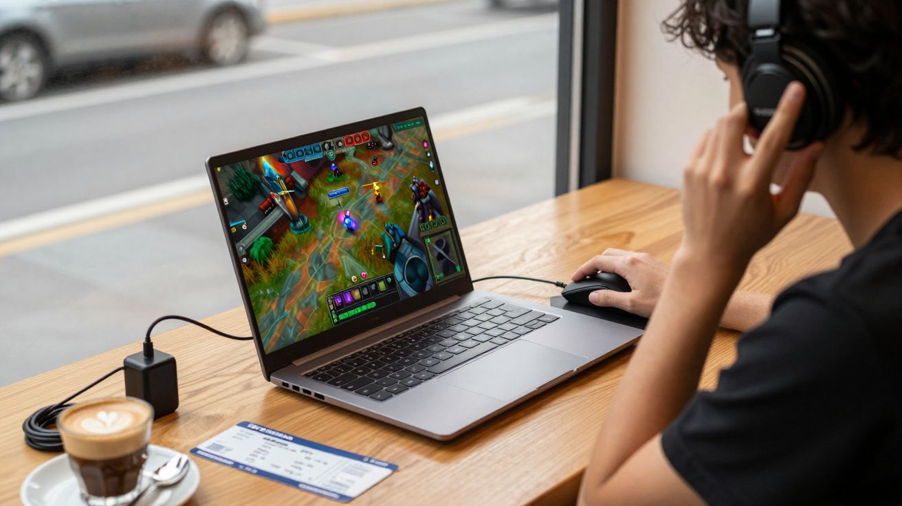 Pessoa jogando videogame em notebook perto da janela com fone de ouvido e café em mesa de madeira.