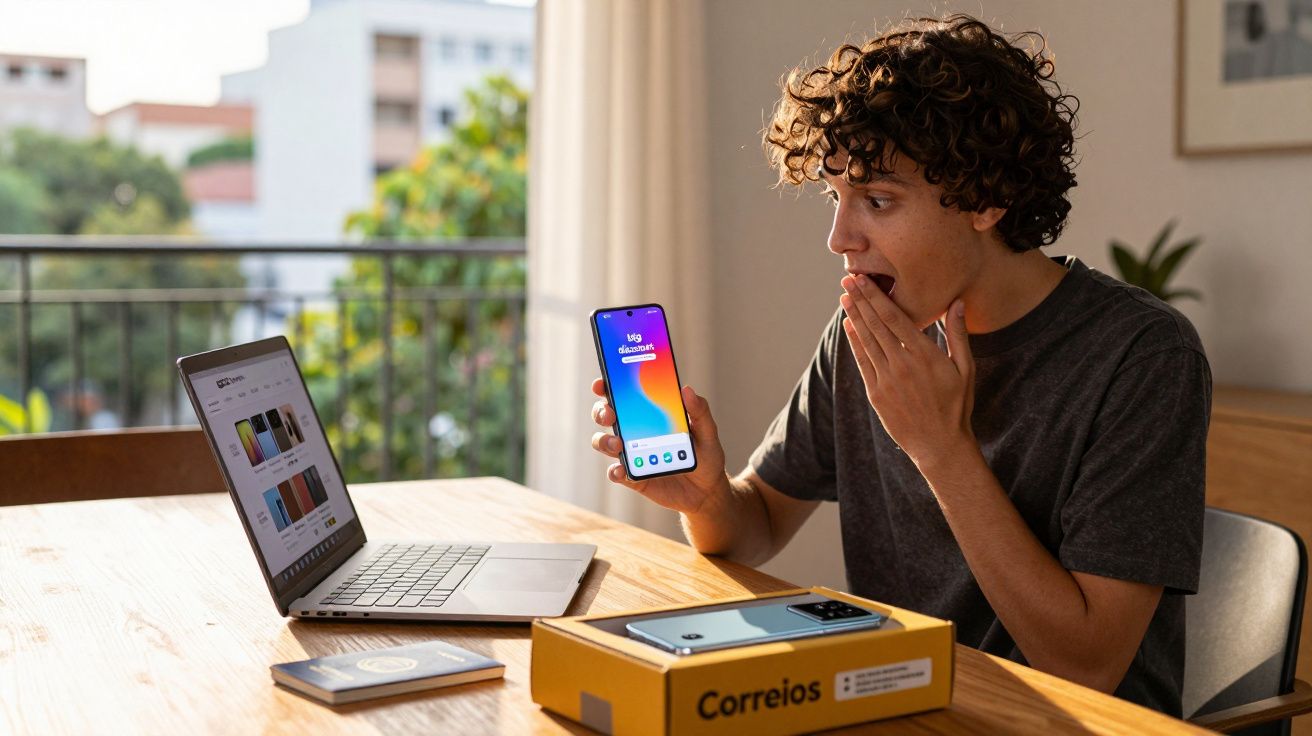 Jovem surpreso segurando celular com tela colorida sentado à mesa com notebook e caixa dos Correios.
