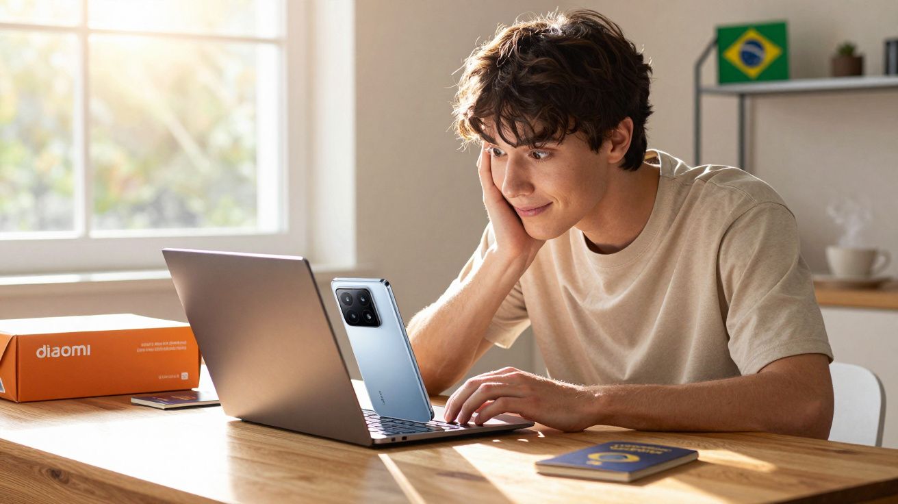 Jovem sentado à mesa mexendo no laptop com smartphone apoiado e caixa da Xiaomi ao lado em ambiente iluminado.