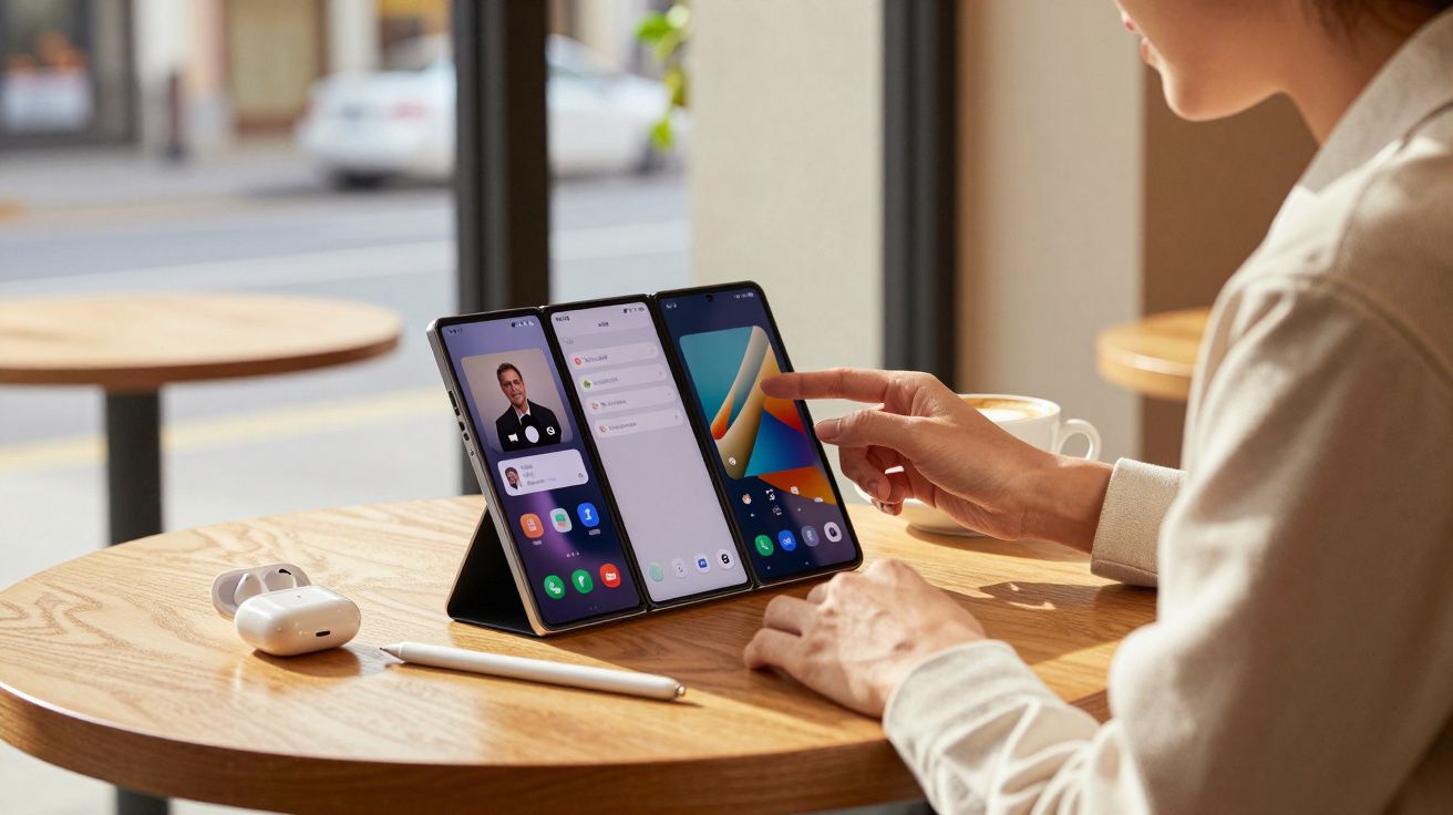 Pessoa usando smartphone dobrável com três telas em mesa de madeira, próximo a fones de ouvido e caneta.