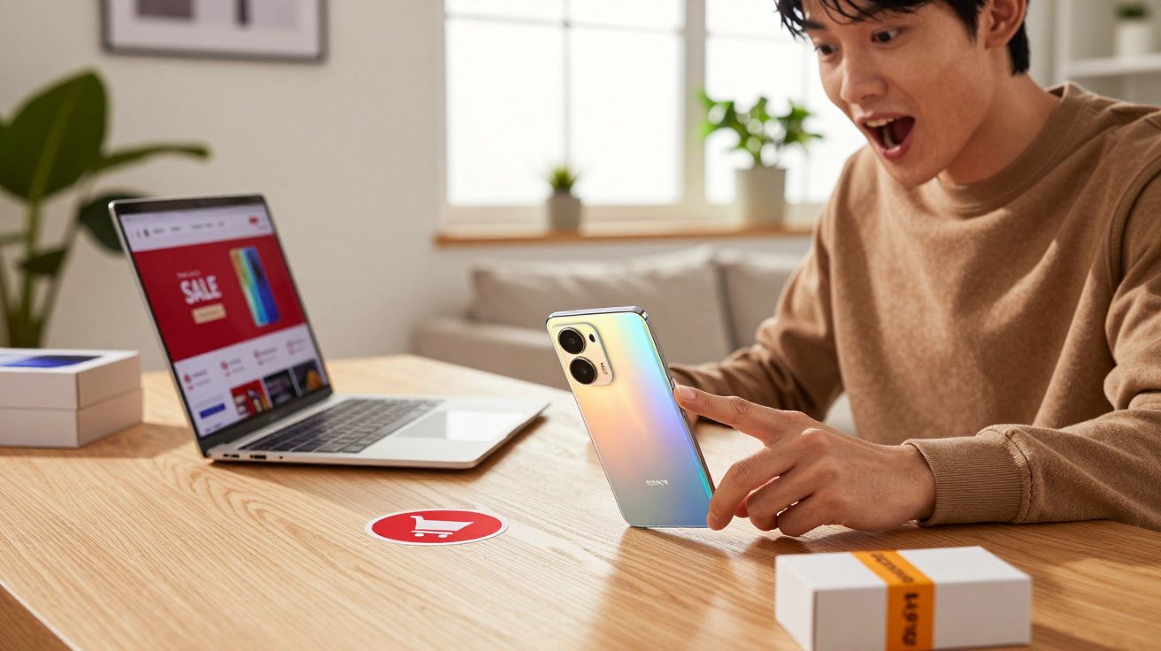 Pessoa surpresa segurando celular novo perto de laptop com site de compras aberto em mesa de madeira.