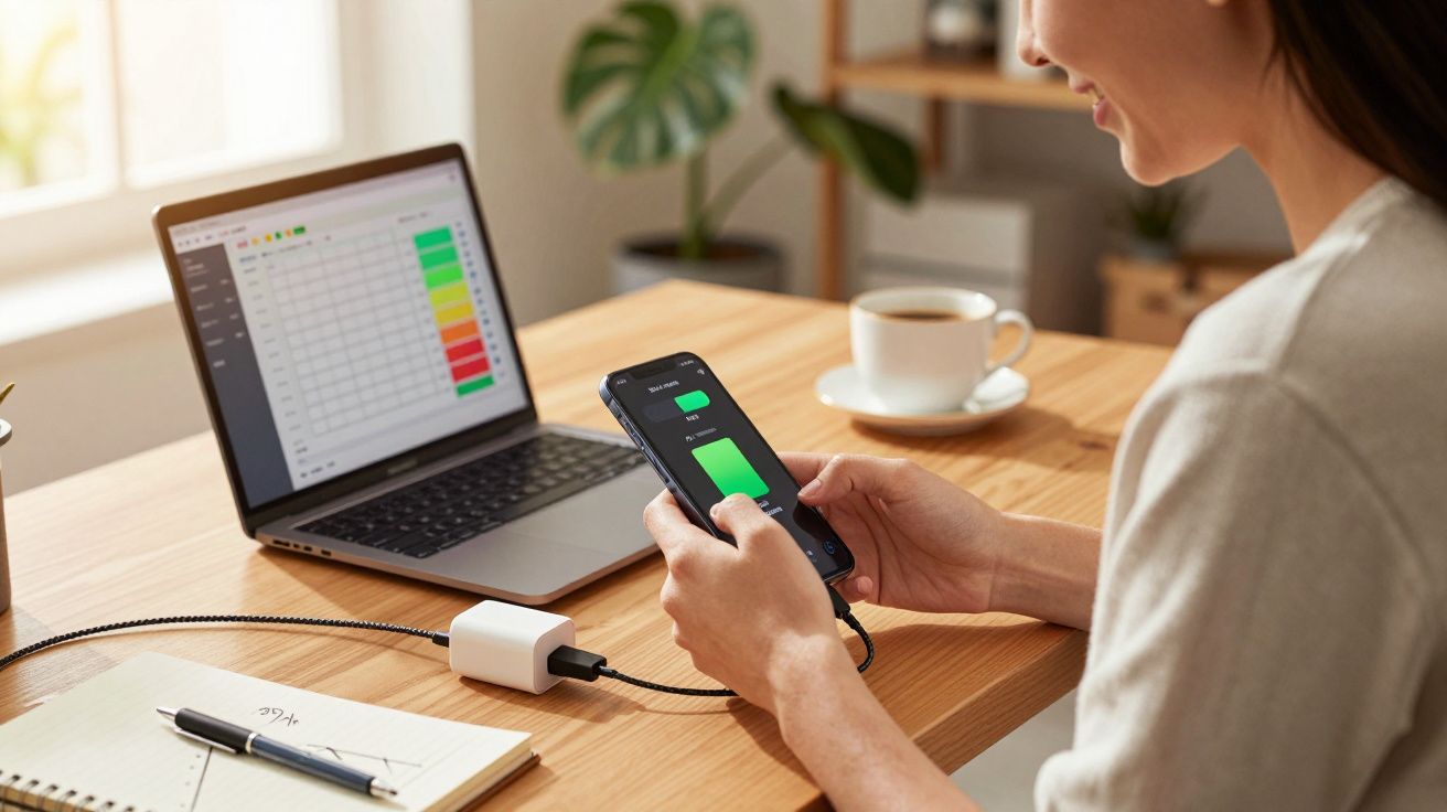 Pessoa segurando celular carregando, com notebook, café e caderno em mesa de madeira clara.