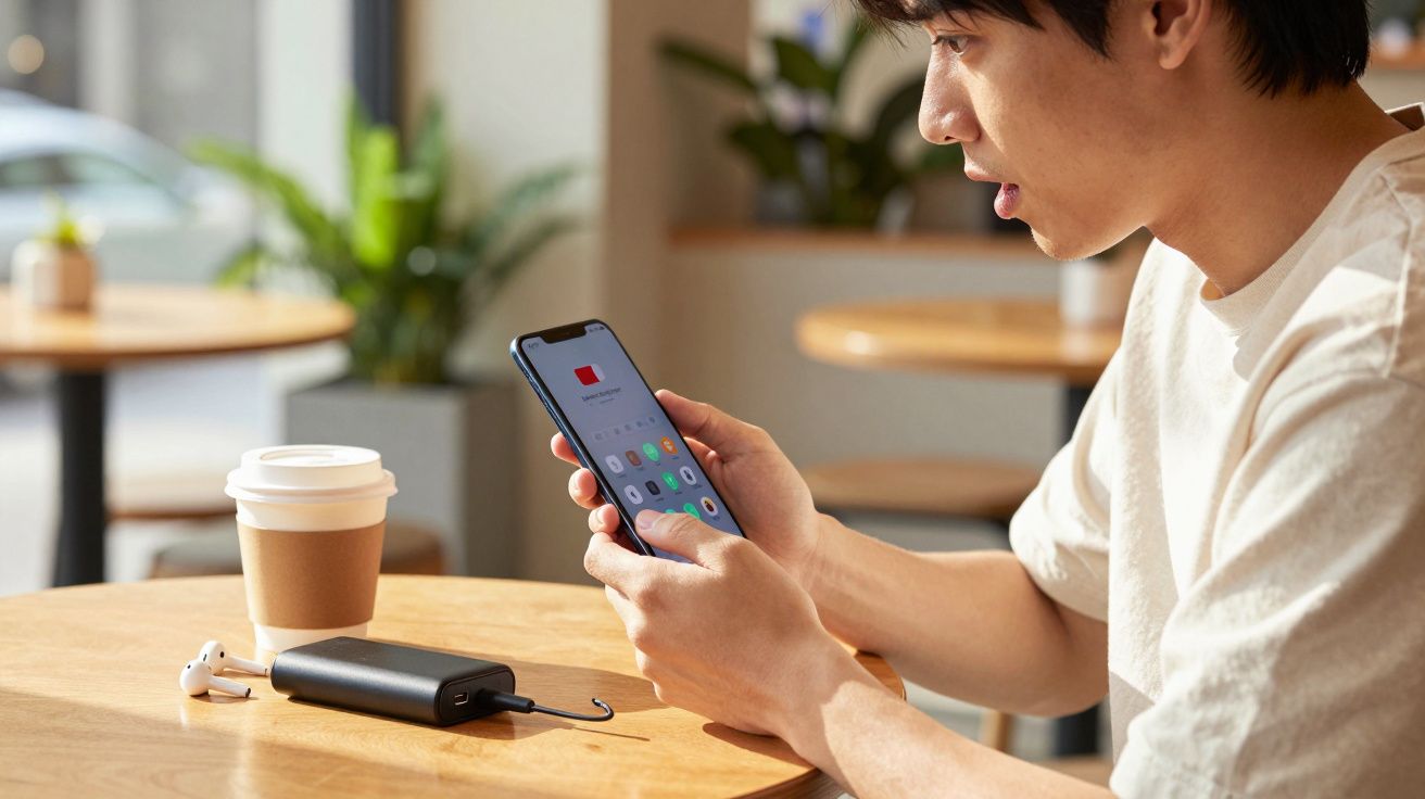 Jovem sentado em café olhando para tela do celular, com fones e carregador portátil na mesa.