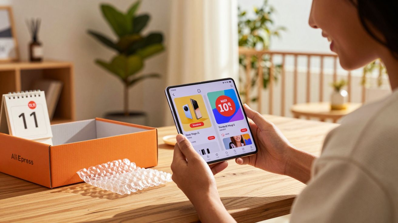 Pessoa segurando celular dobrável aberto e olhando loja online, caixa e calendário na mesa de madeira.