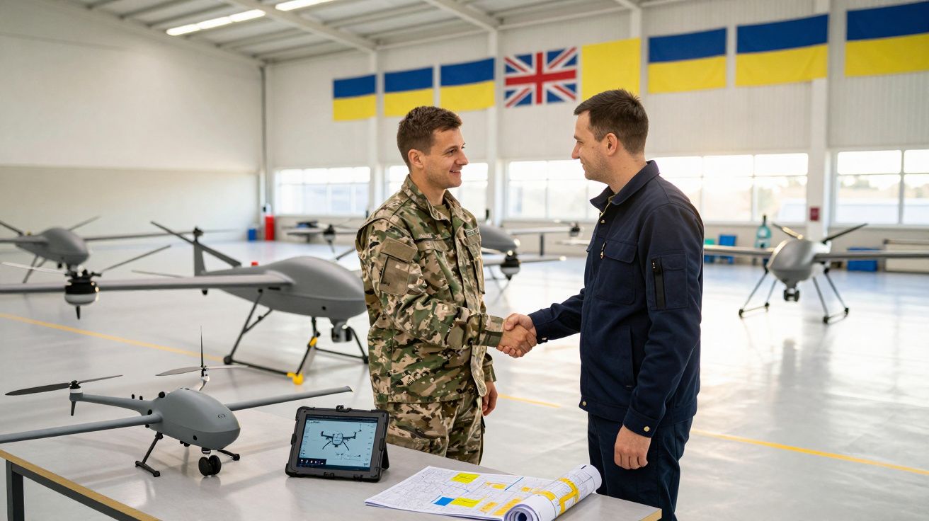 Dois homens apertando as mãos em hangar com drones militares e bandeiras da Ucrânia e Reino Unido ao fundo.