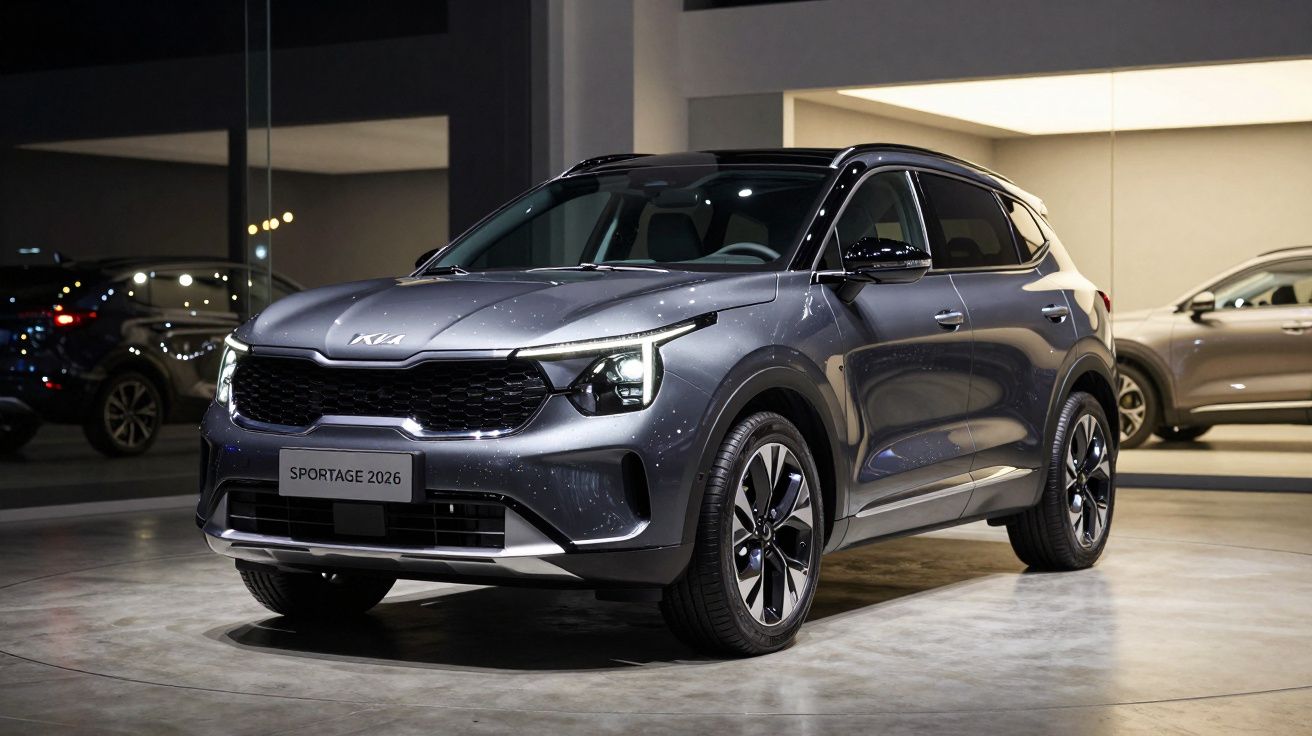 SUV cinza Kia Sportage 2026 em exposição interna com detalhes modernos e rodas esportivas.
