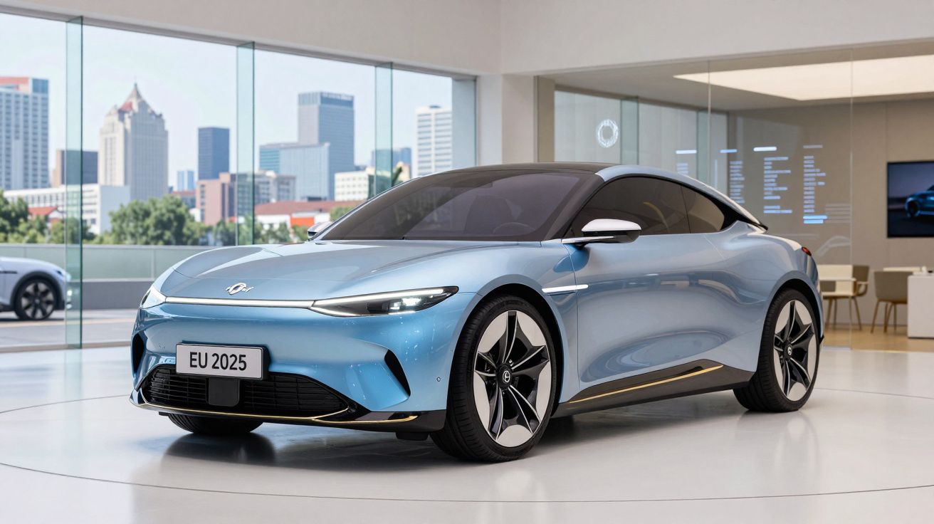 Carro elétrico azul claro com design futurista exposto em showroom moderno com vista para a cidade.