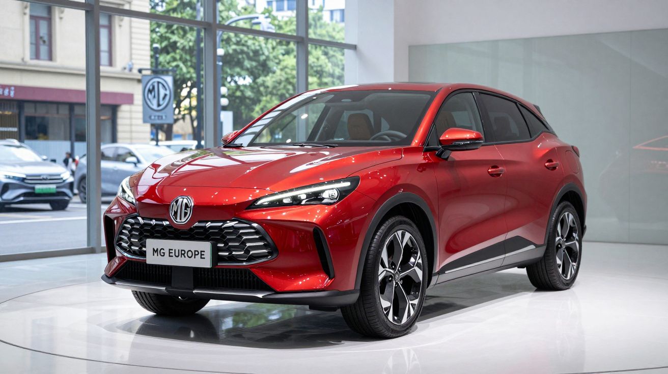 SUV vermelho MG Europe exibido em showroom moderno com destaque para detalhes frontais e rodas esportivas.
