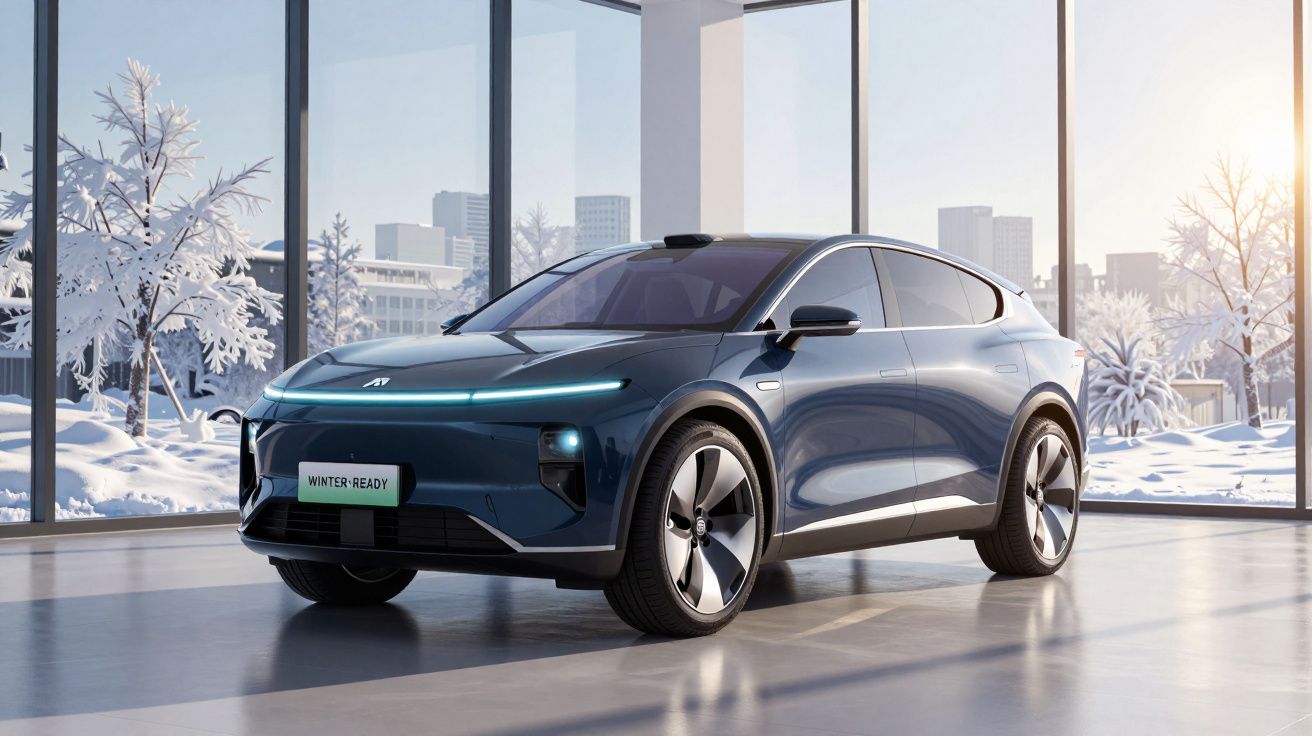 Carro elétrico azul escuro estacionado em ambiente interno com janelas grandes e paisagem nevada ao fundo.