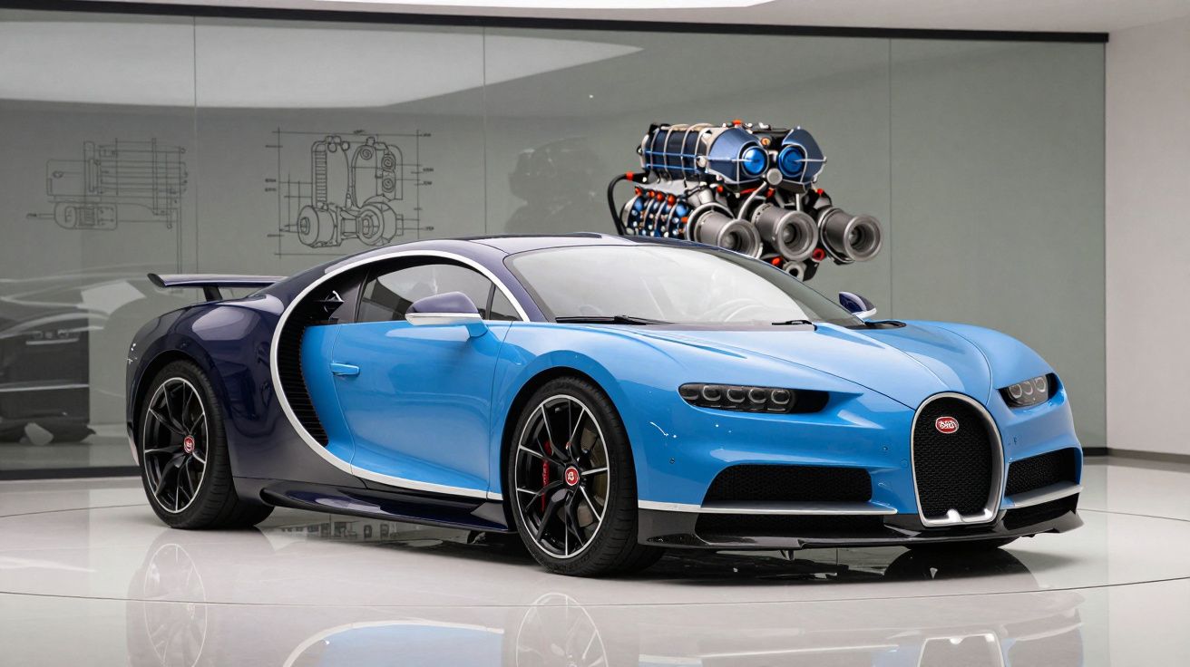 Carro esportivo Bugatti Chiron azul e preto com motor exposto atrás, em ambiente interno moderno.