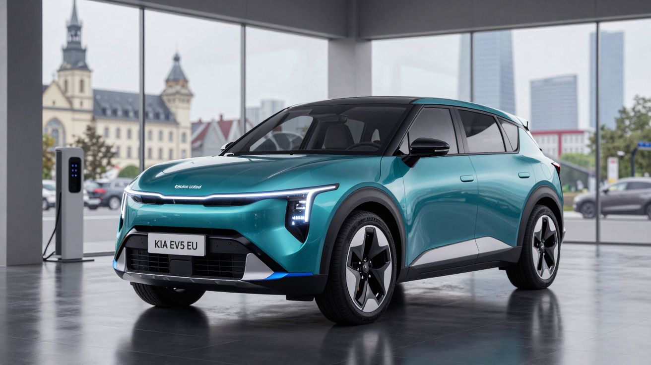 Carro elétrico Kia EV5 EU azul estacionado em ambiente interno com carregador ao fundo.