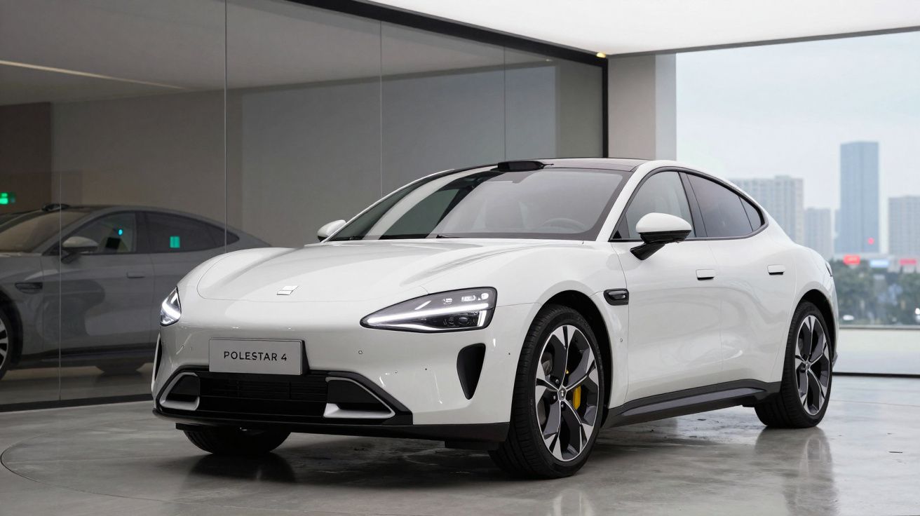 Carro elétrico branco Polestar 4 em exposição em ambiente moderno com grandes janelas.