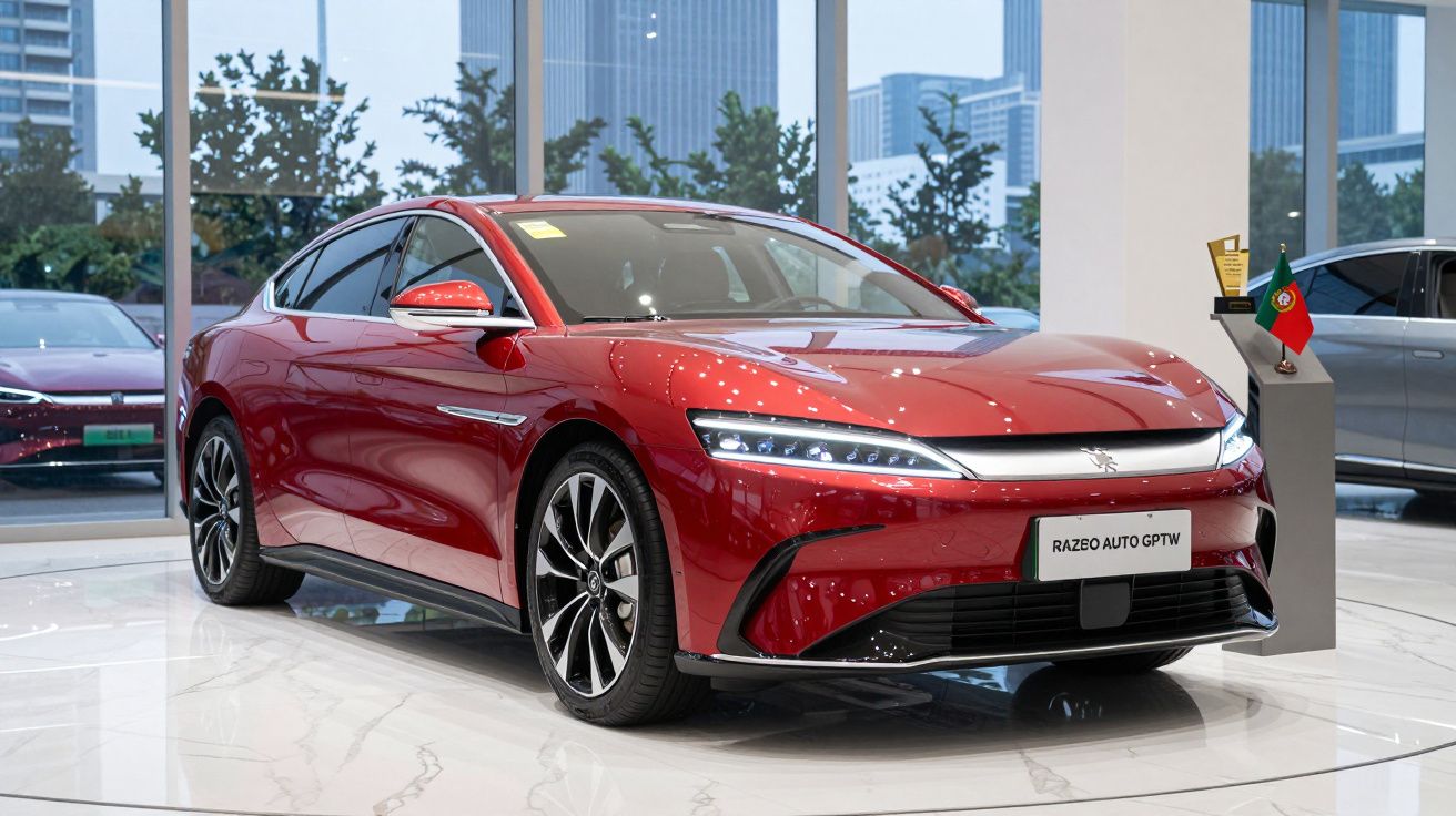 Carro elétrico vermelho Razeo Auto GPTW exibido em salão com fundo urbano e piso branco brilhante.