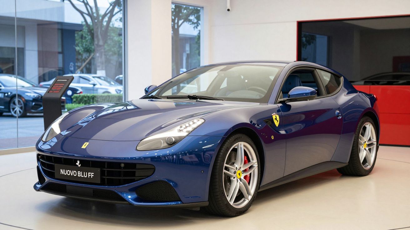 Carro esportivo Ferrari Nuovo Blu FF azul exibido em showroom moderno com piso branco.
