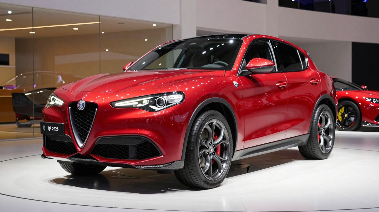 Carro SUV vermelho Alfa Romeo Stelvio Q4 2026 em exposição interna com focos de luz refletindo na lataria.