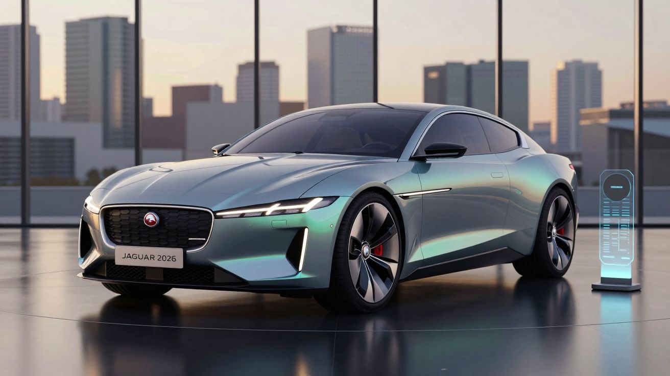Carro elétrico esportivo Jaguar 2026 estacionado em local moderno com prédios ao fundo.