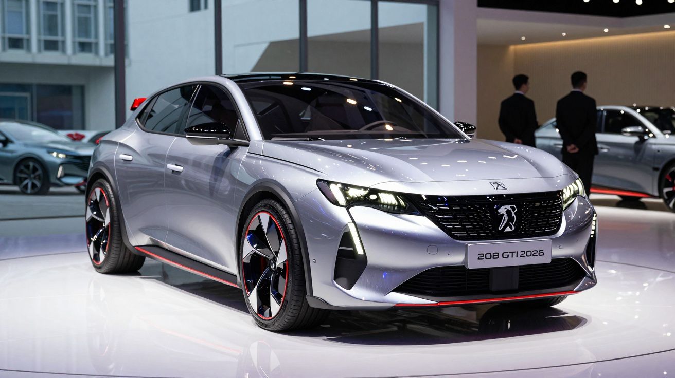 Carro esportivo compacto prata Peugeot 208 GTI 2026 em exposição interna com dois homens ao fundo.