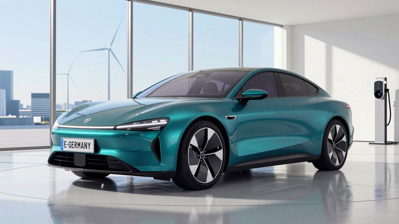 Carro elétrico verde metálico estacionado em ambiente moderno com painel de recarga ao fundo.