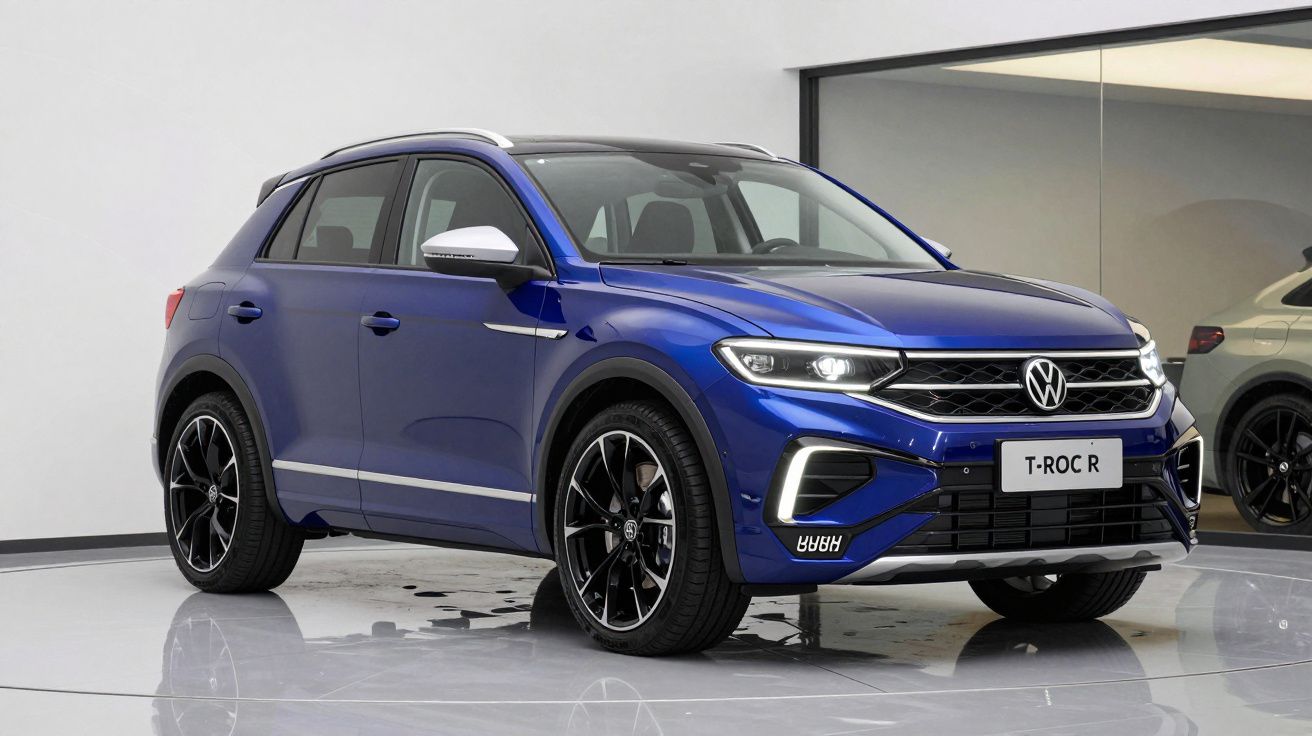 SUV Volkswagen T-Roc R azul em estúdio, vista frontal em ângulo de três quartos.