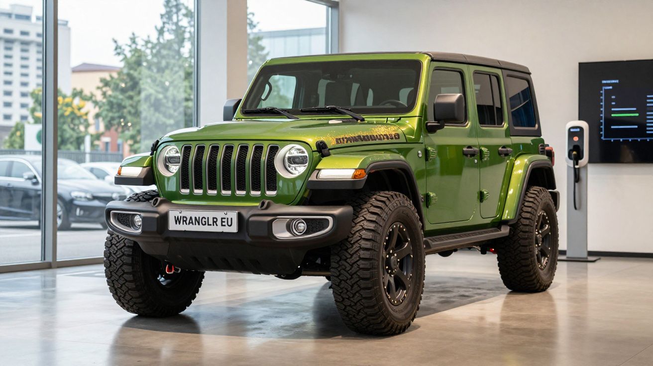 Jeep Wrangler verde estacionado em showroom moderno com janelas amplas e carregador de veículo elétrico.