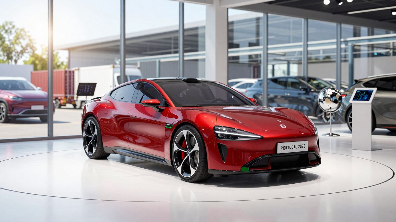Carro esportivo elétrico vermelho Portugal 2025 exposto em showroom moderno com iluminação natural.
