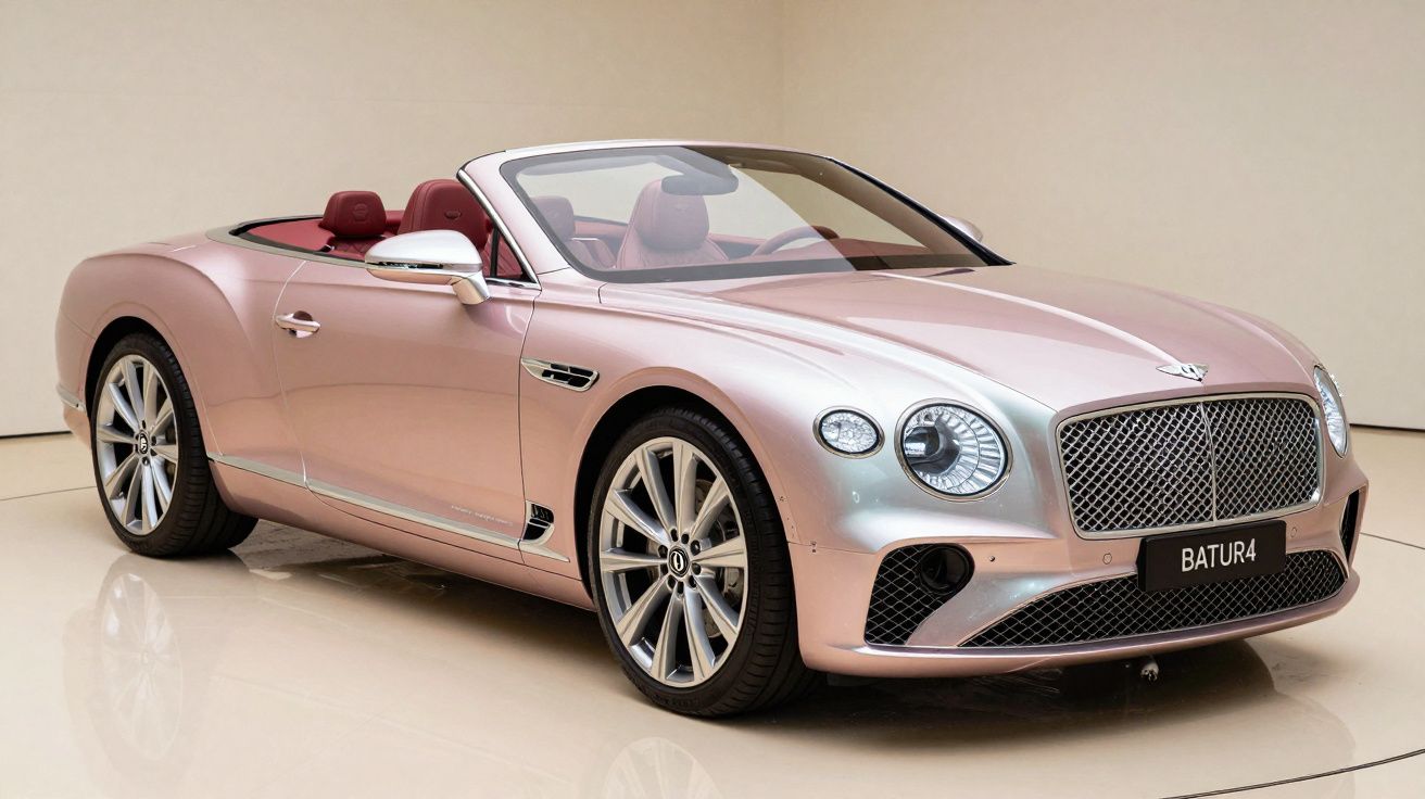 Carro conversível esportivo de luxo cor rosa com interior vermelho, exibido em ambiente interno neutro.