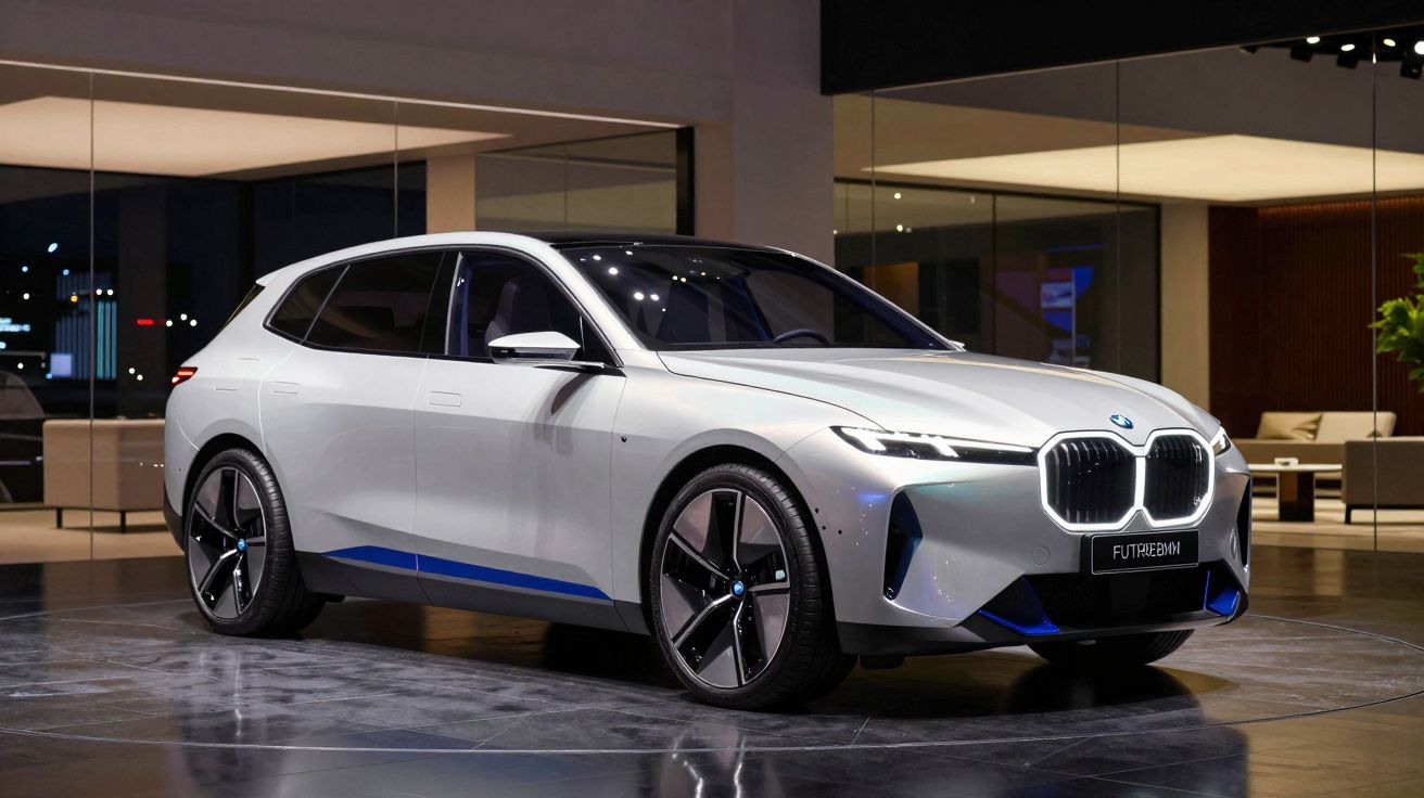 Carro elétrico BMW branco estacionado em ambiente moderno com iluminação interna refletindo no chão.