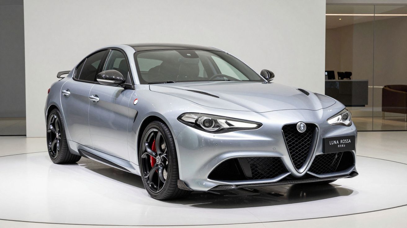 Carro esportivo Alfa Romeo Giulia na cor prata em exposição interna com rodas pretas e detalhes vermelhos.