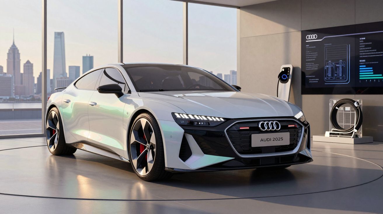Carro elétrico Audi 2025 branco em exposição interna com grande janela e vista urbana ao fundo.