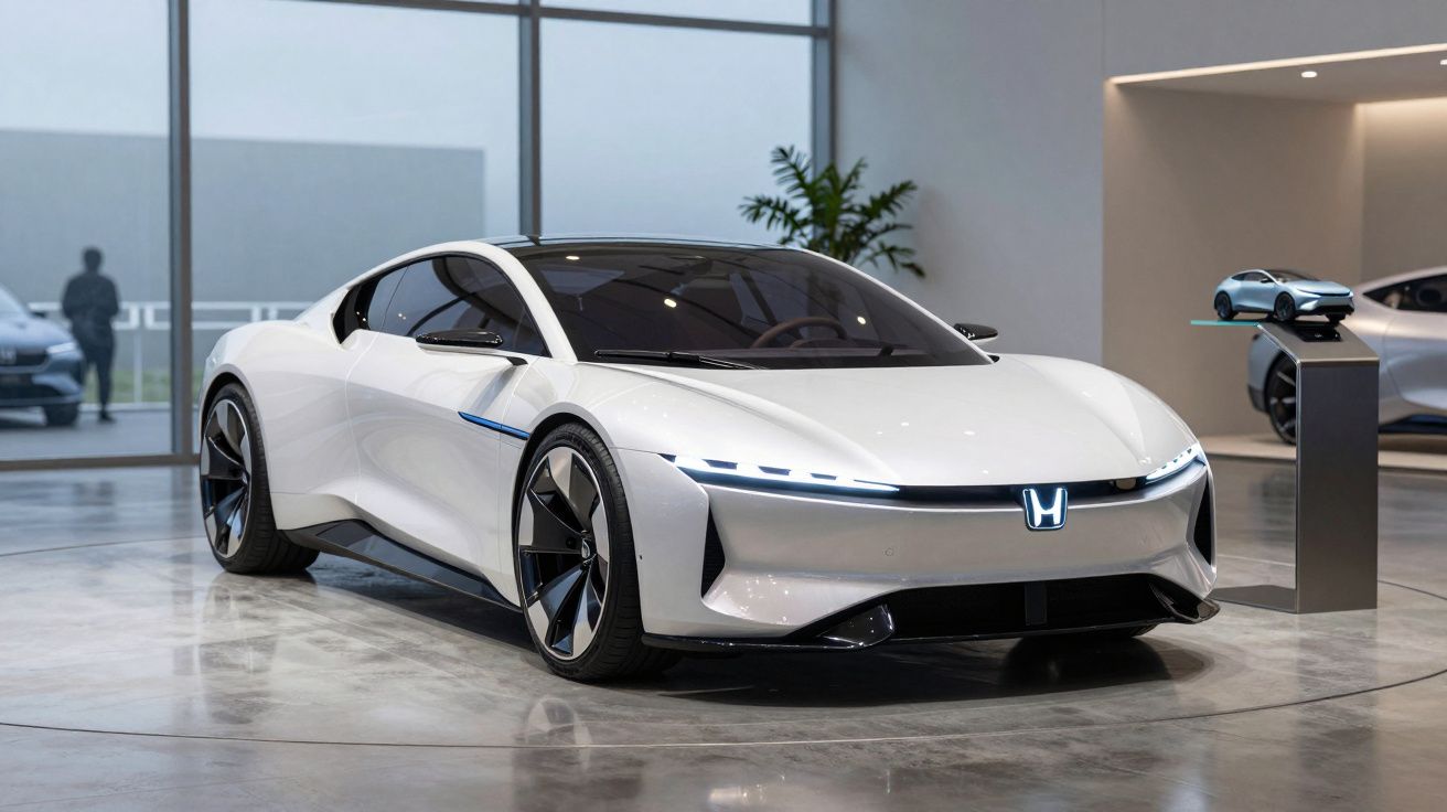 Carro esportivo elétrico branco Honda em exposição moderna, com design futurista e iluminação LED.
