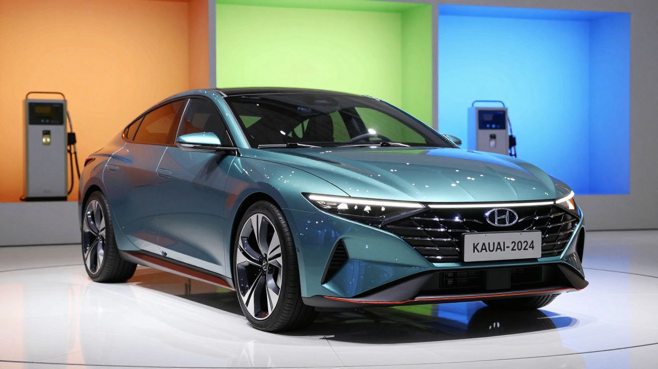 Carro elétrico Hyundai Kauai 2024 azul em exposição com carregadores ao fundo coloridos.