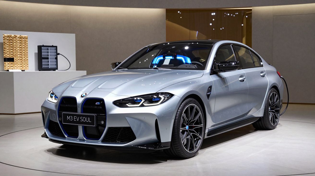 Carro elétrico BMW M3 EV Soul cinza estacionado em ambiente interno moderno com iluminação suave.