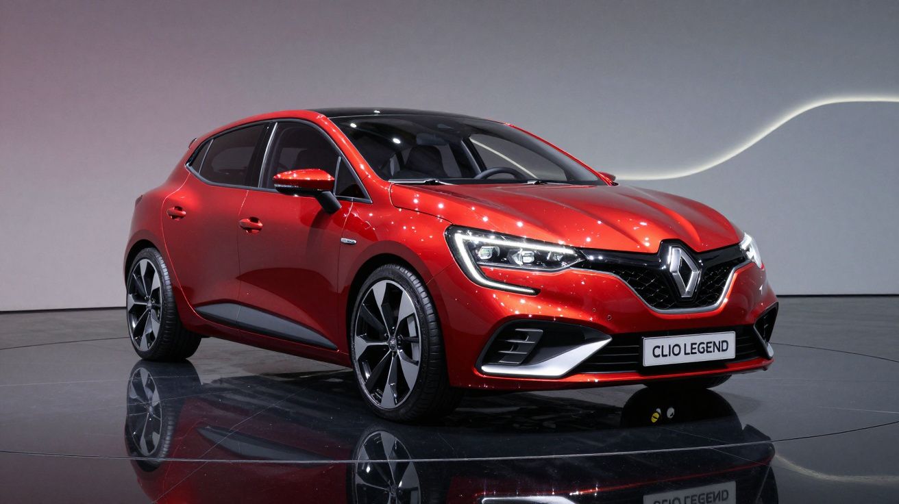 Carro Renault Clio Legend vermelho exibido em estande com iluminação suave.