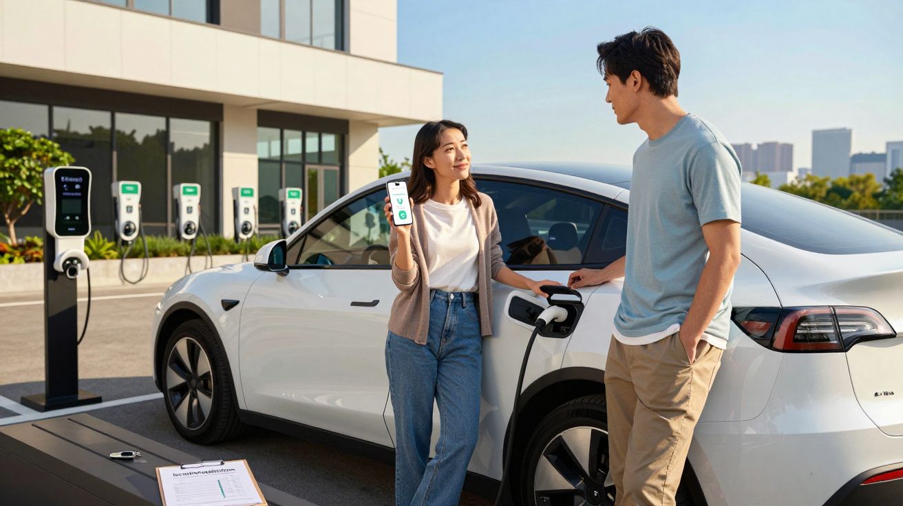 Casal perto de carro elétrico branco sendo carregado em estação ao ar livre com prédio e cityscape ao fundo.
