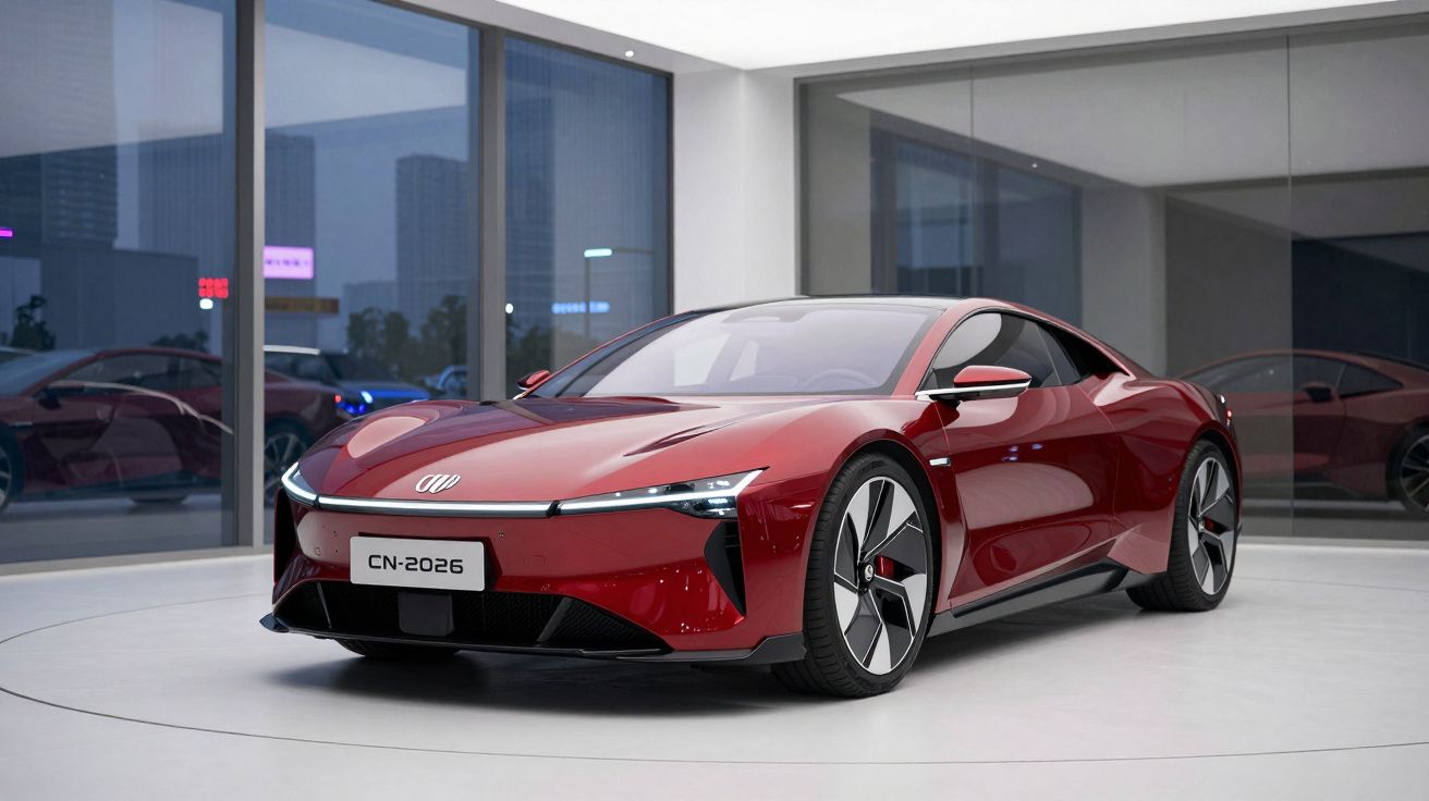 Carro esportivo vermelho elétrico futurista em exibição dentro de showroom moderno com janelas grandes.