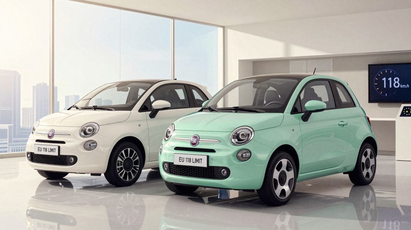 Dois carros Fiat 500 EU 118 Limit nas cores branco e verde em showroom iluminado e moderno.