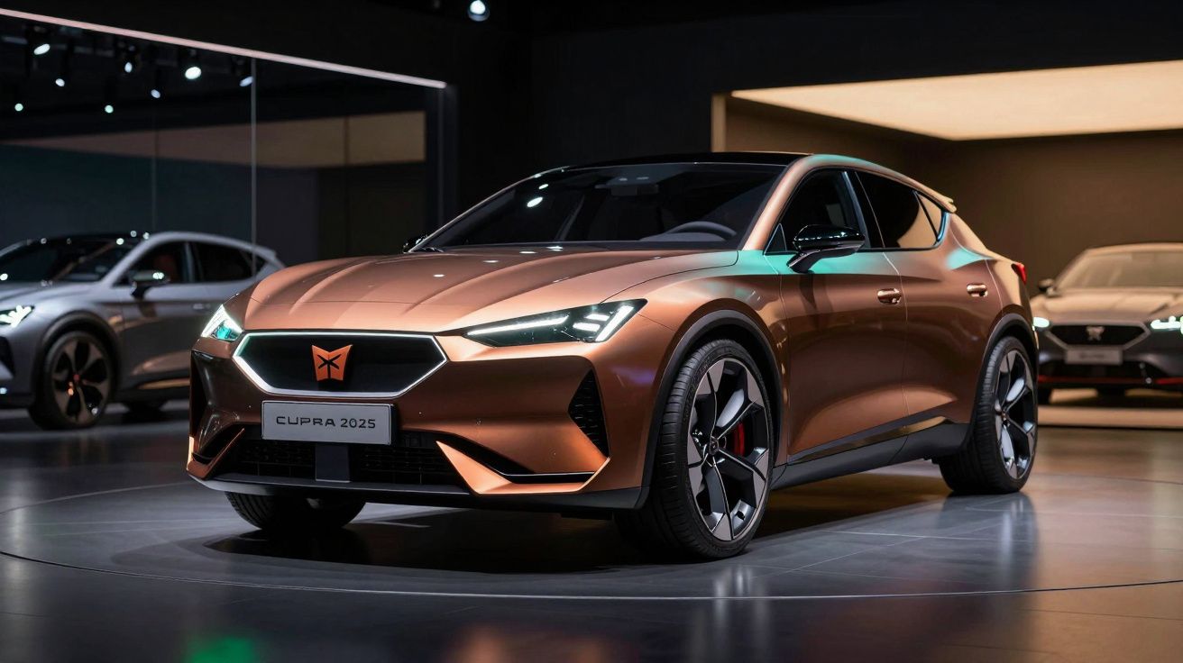 Carro Cupra 2025 bronze exibido em estande moderno com iluminação focada em seu design aerodinâmico.
