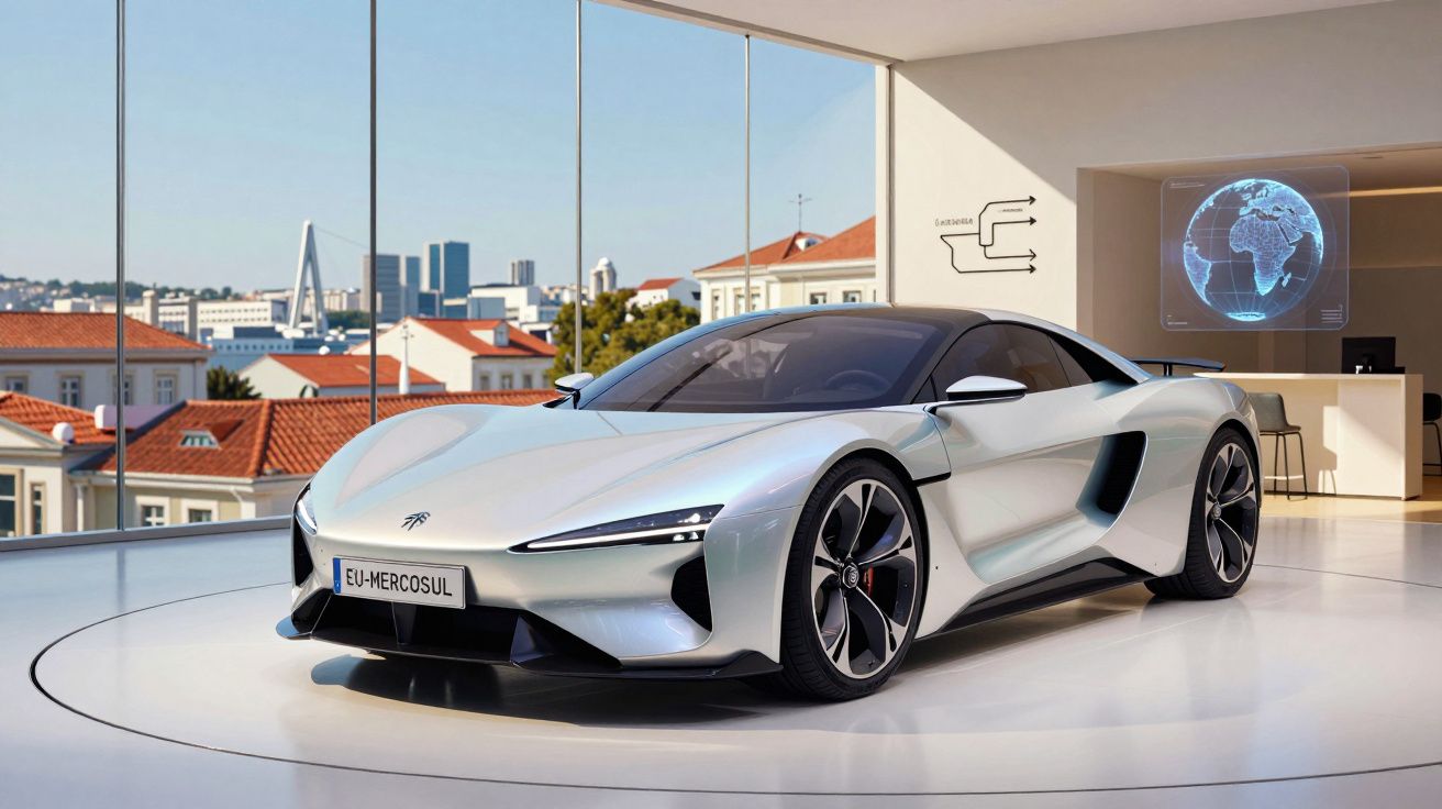 Carro esportivo prata estacionado em ambiente moderno com vidros e vista para cidade ao fundo.