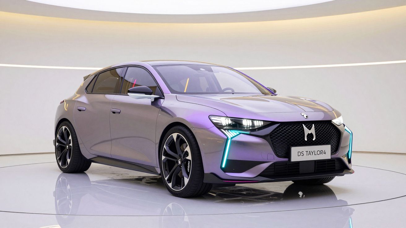 Carro elétrico DS Taycan4 na cor lilás com design futurista exibido em ambiente iluminado.
