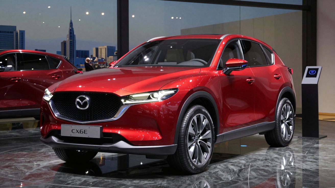SUV Mazda CX-6E vermelho exibido em showroom moderno com piso de mármore e vidros.