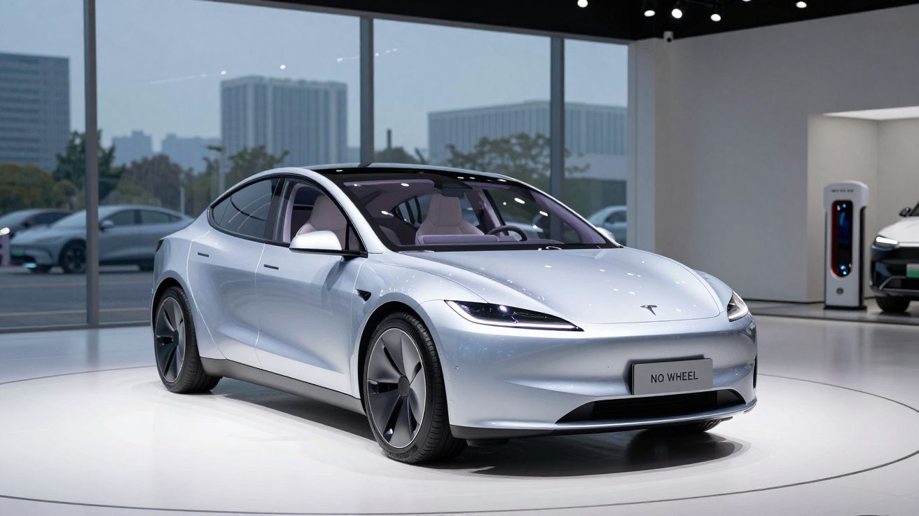 Carro elétrico Tesla branco exibido em showroom com janelas grandes e prédios ao fundo.