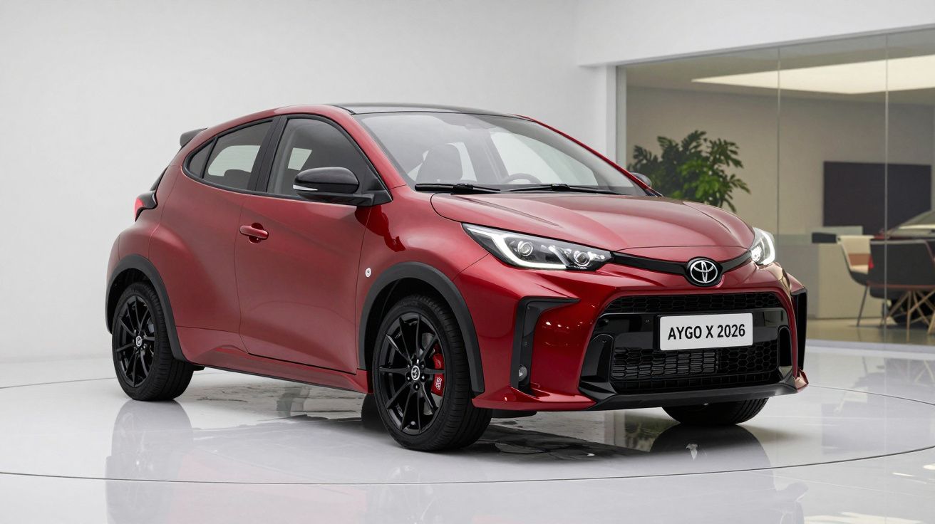 Carro compacto vermelho Toyota Aygo X 2026 em apresentação dentro de ambiente moderno e iluminado.