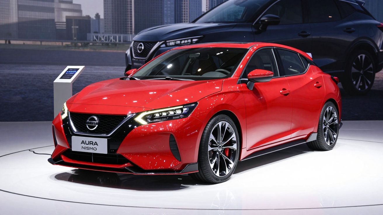 Carro esportivo vermelho Nissan Aura Nismo exposto em estande com fundo urbano e outro veículo preto ao fundo.