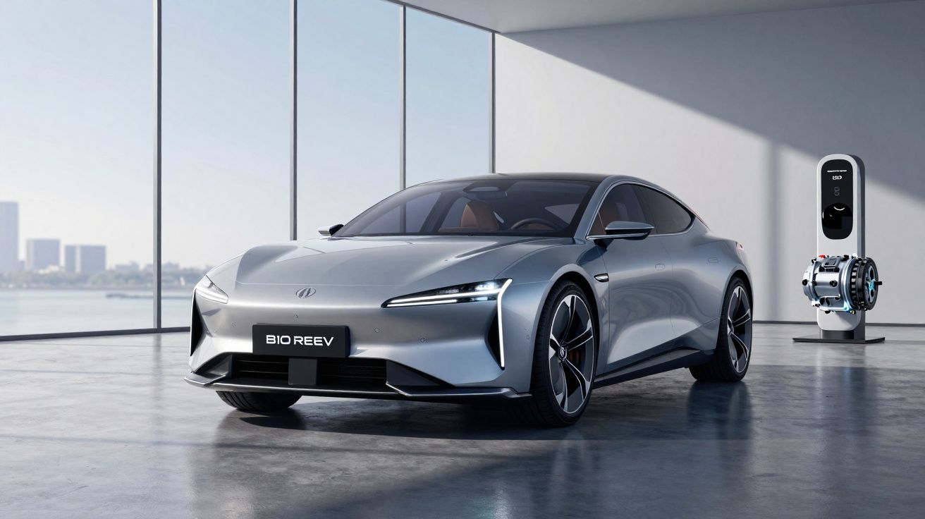 Carro elétrico cinza estacionado em galeria moderna com estação de carregamento ao fundo.