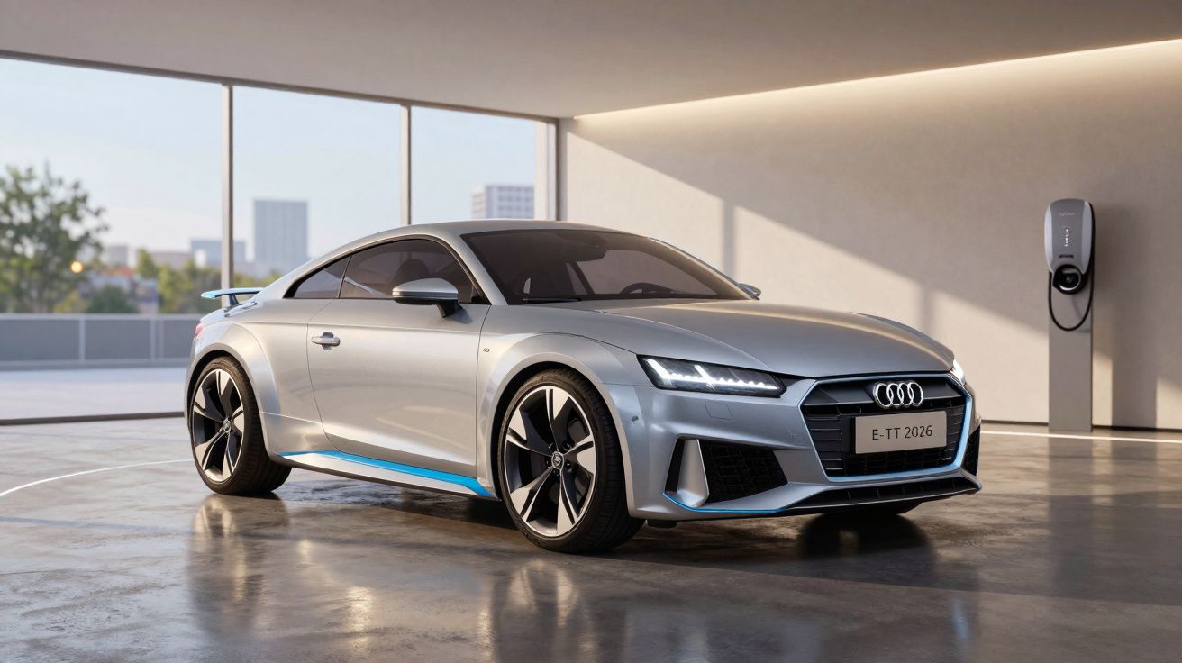 Carro esportivo elétrico Audi prata estacionado em garagem moderna com carregador na parede.